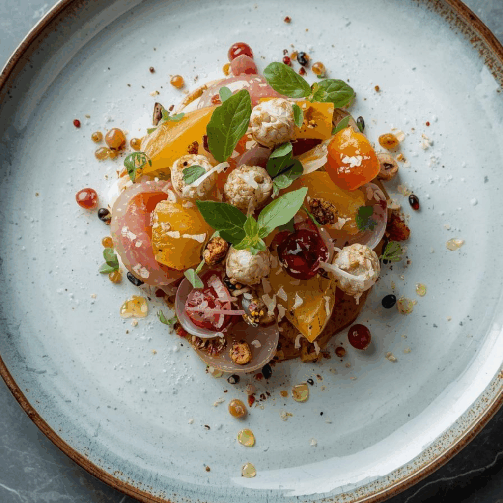 L'immagine mostra una insalata composta da pesce, frutta, verdura e sfere di formaggio spalmabile, un ottimo piatto per il segno dei Pesci