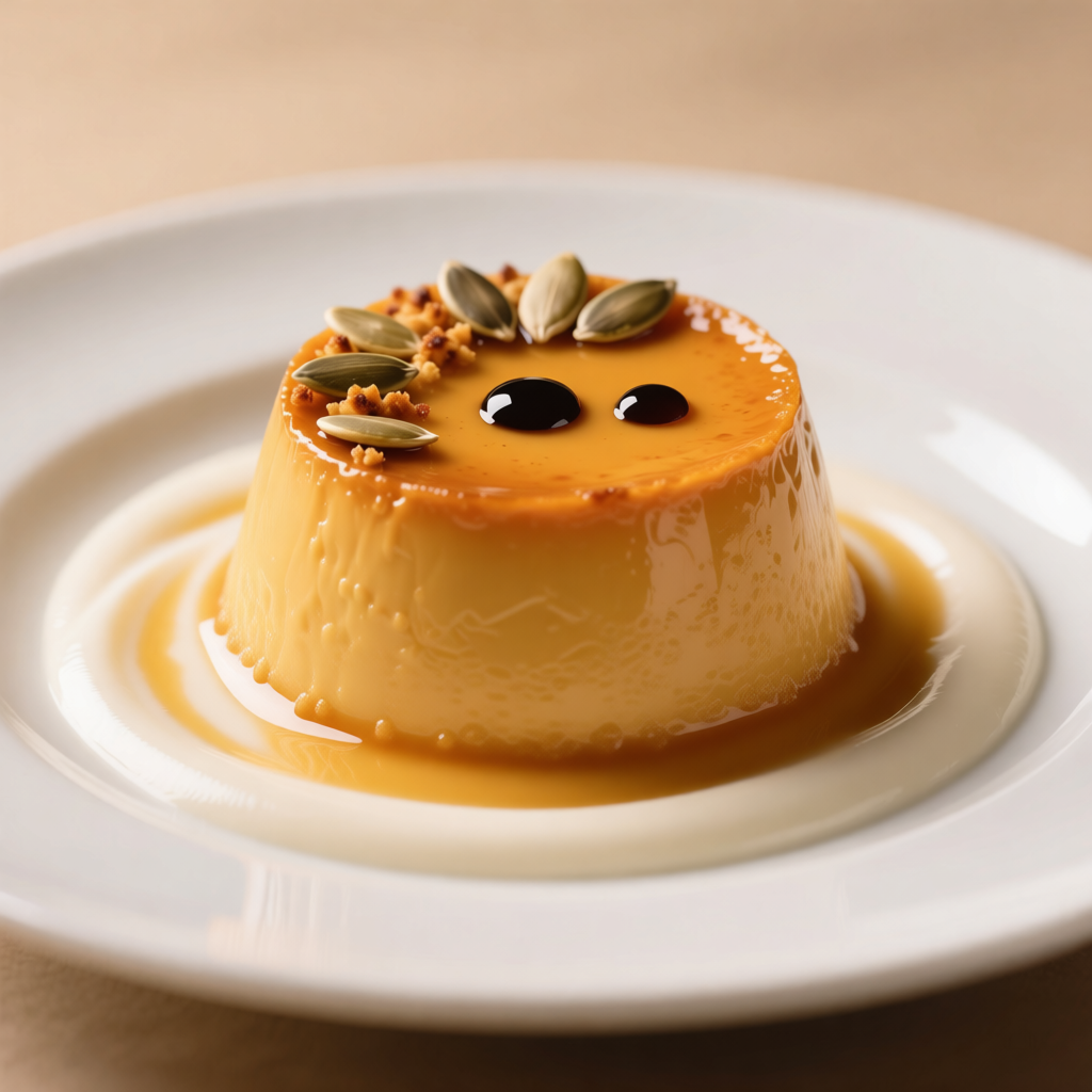 l'immagine rappresenta un flan monoporzione alla zucca con salsa al parmigiano reggiano dop, un antipasto autunnale perfetto